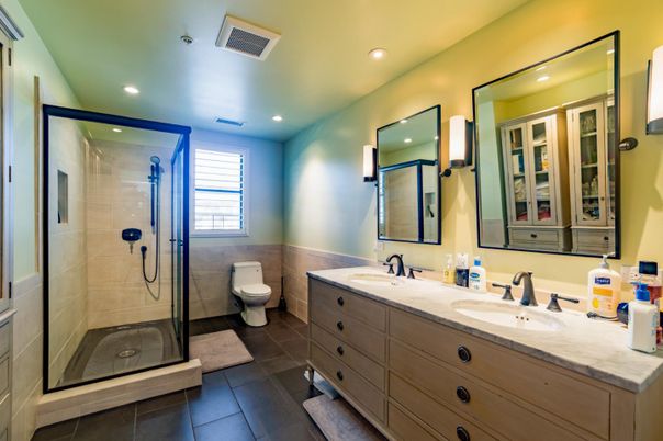 Bathroom, Dual Sink Vanities, Glass Shower, Interior, Recessed Lighting