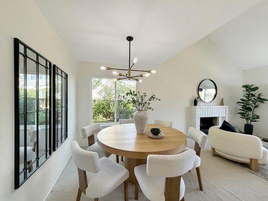 Dining room, Fireplace, Interior, Pendant Lights