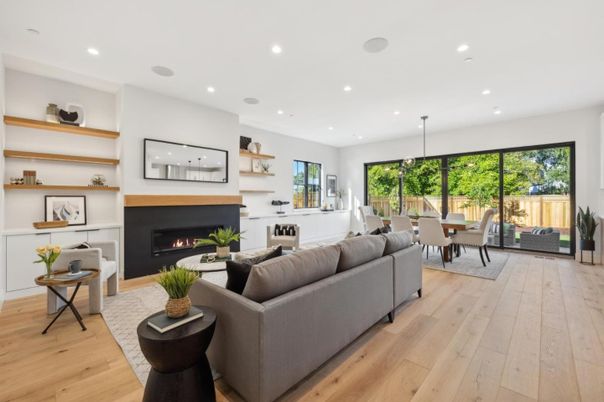 Dining room, Fireplace, Interior, Living room, Pendant Lights, Recessed Lighting, Wood Texture Flooring
