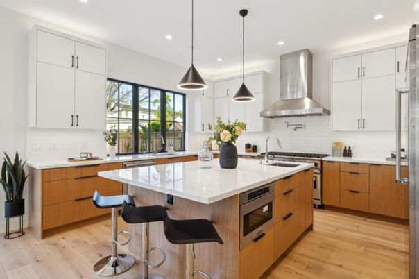 Interior, Kitchen, Pendant Lights, Recessed Lighting, Stainless Steel Appliances, Wood Texture Flooring
