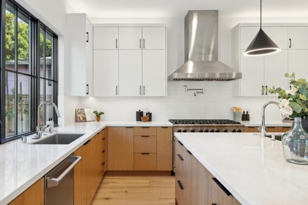Interior, Kitchen, Pendant Lights, Stainless Steel Appliances, Wood Texture Flooring