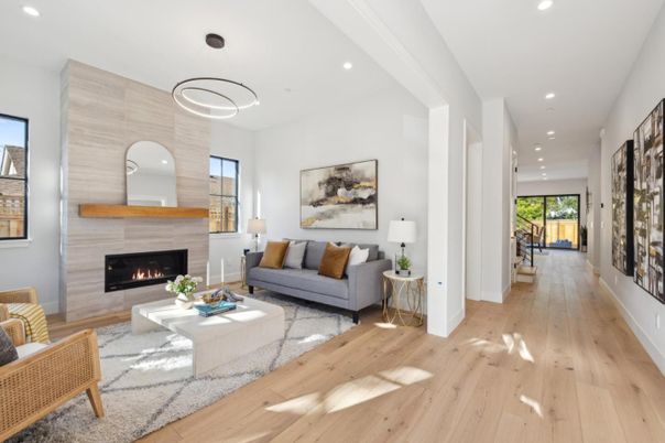 Fireplace, Interior, Living room, Pendant Lights, Recessed Lighting, Wood Texture Flooring