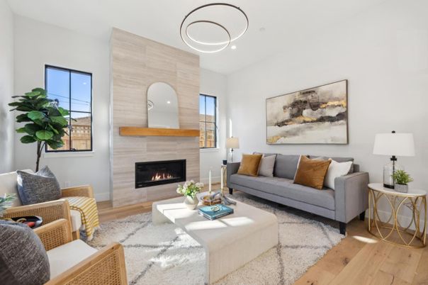 Fireplace, Interior, Living room, Pendant Lights, Recessed Lighting, Wood Texture Flooring