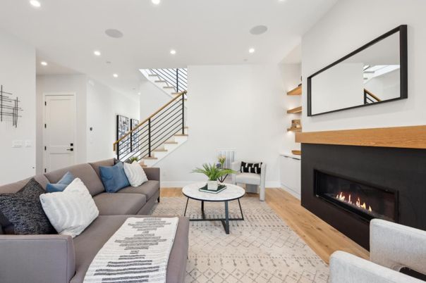 Fireplace, Interior, Living room, Recessed Lighting, Wood Texture Flooring