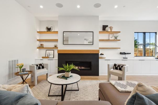 Fireplace, Interior, Living room, Recessed Lighting, Wood Texture Flooring