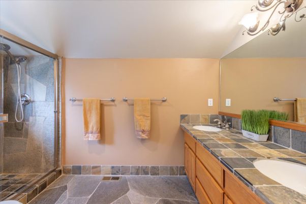 Bathroom, Dual Sink Vanities, Glass Shower, Interior, Tile Countertops