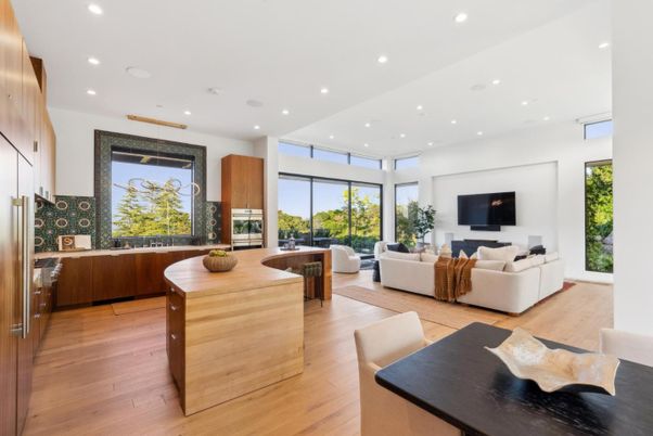 Dining room, Interior, Kitchen, Living room, Recessed Lighting, Stainless Steel Appliances, Wood Texture Flooring
