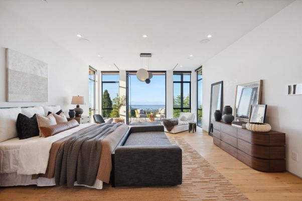 Bedroom, Interior, Recessed Lighting, Water, Wood Texture Flooring
