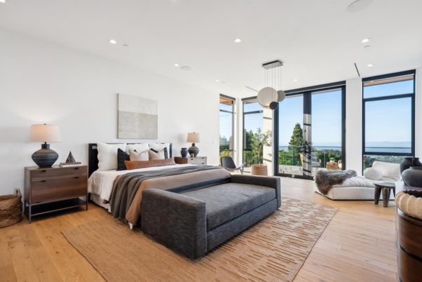 Bedroom, Interior, Pendant Lights, Recessed Lighting, Water, Wood Texture Flooring