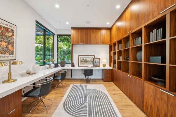 Home Office, Interior, Recessed Lighting, Wood Texture Flooring, Wooden Walls