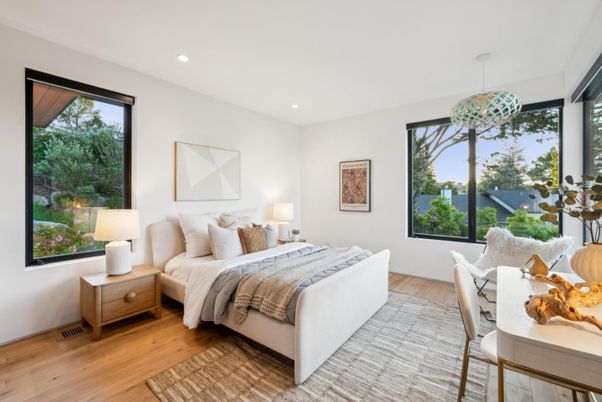 Bedroom, Interior, Recessed Lighting, Wood Texture Flooring