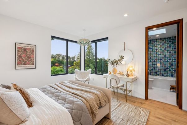 Bedroom, Interior, Recessed Lighting, Wood Texture Flooring