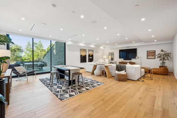 Dining room, Game Room, Interior, Living room, Recessed Lighting, Wood Texture Flooring