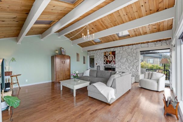 Fireplace, Interior, Living room, Pendant Lights, Stone Walls, Wooden Beams, Wooden Ceilings, Wood Texture Flooring