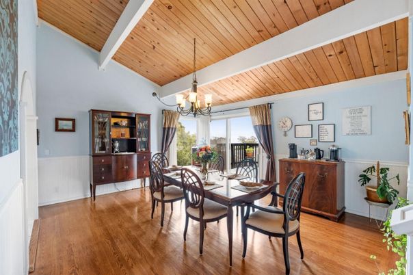 Chandelier, Dining room, Interior, Wooden Ceilings, Wood Texture Flooring