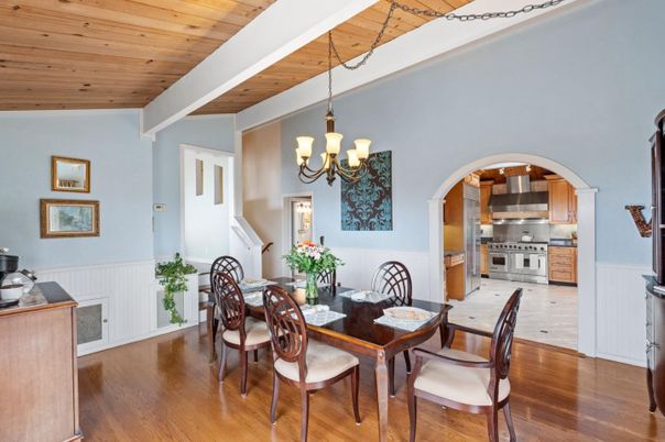 Chandelier, Dining room, Interior, Kitchen, Stainless Steel Appliances, Wooden Ceilings, Wood Texture Flooring