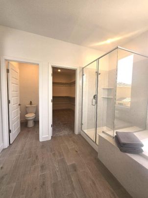 Bathroom, Glass Shower, Interior, Wood Texture Flooring