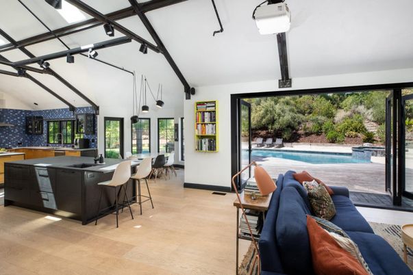 Dining room, Interior, Kitchen, Pendant Lights, Pool, Wood Texture Flooring