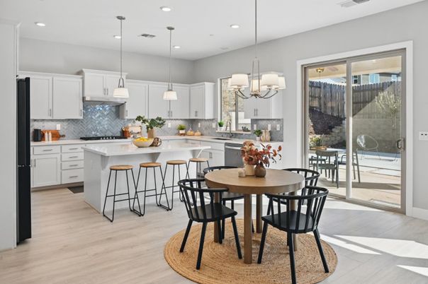 Dining room, Interior, Kitchen, Pendant Lights, Recessed Lighting, Wood Texture Flooring