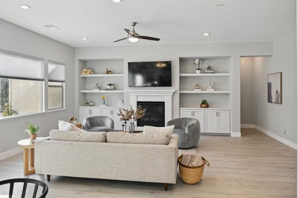Fireplace, Interior, Living room, Recessed Lighting, Wood Texture Flooring