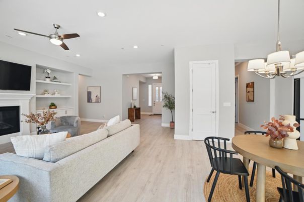 Dining room, Fireplace, Interior, Living room, Recessed Lighting, Wood Texture Flooring