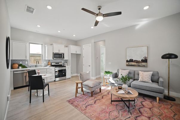 Interior, Kitchen, Living room, Recessed Lighting, Stainless Steel Appliances, Wood Texture Flooring