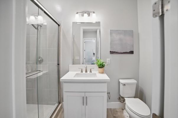 Bathroom, Glass Shower, Interior, Wood Texture Flooring