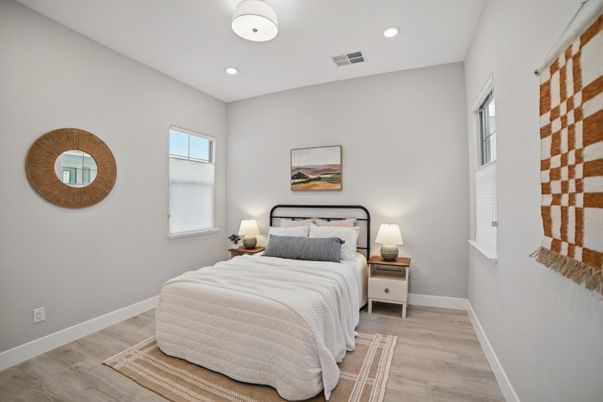 Bedroom, Interior, Recessed Lighting, Wood Texture Flooring
