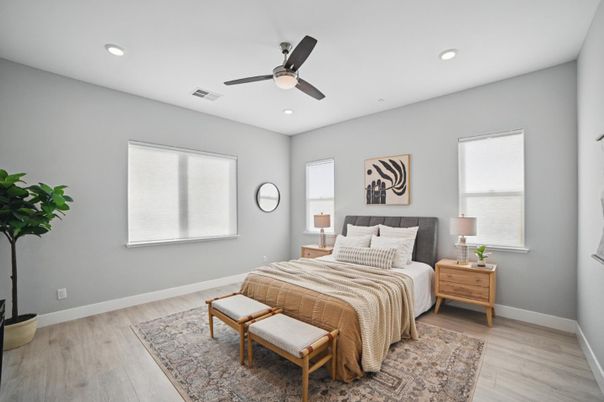 Bedroom, Interior, Recessed Lighting, Wood Texture Flooring