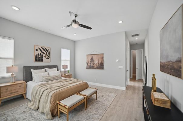 Bedroom, Interior, Recessed Lighting, Wood Texture Flooring