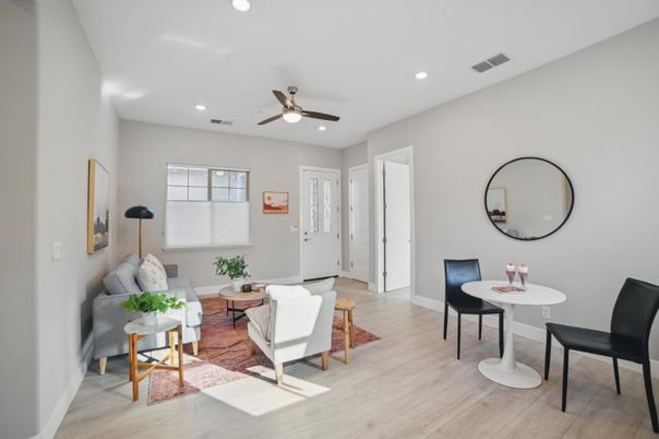 Dining room, Interior, Living room, Recessed Lighting, Wood Texture Flooring