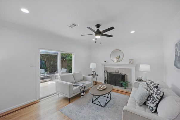 Fireplace, Interior, Living room, Recessed Lighting, Wood Texture Flooring