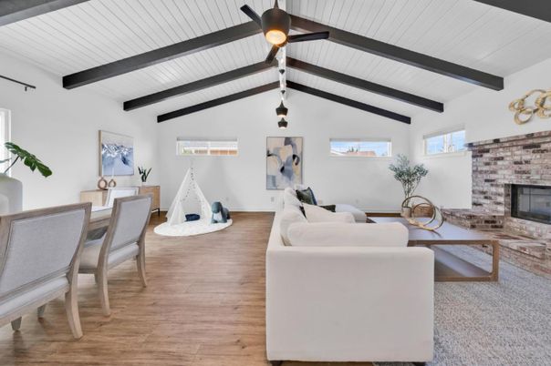 Dining room, Fireplace, Interior, Living room, Pendant Lights, Wooden Beams, Wood Texture Flooring