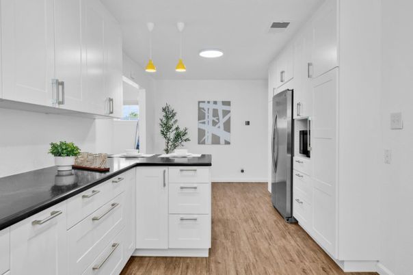 Interior, Kitchen, Pendant Lights, Recessed Lighting, Stainless Steel Appliances, Wood Texture Flooring