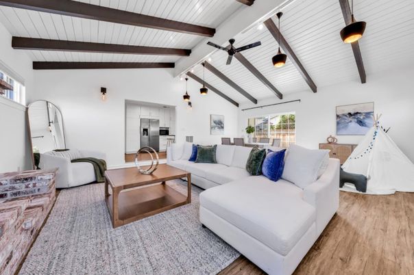 Interior, Kitchen, Living room, Stainless Steel Appliances, Wooden Beams, Wood Texture Flooring