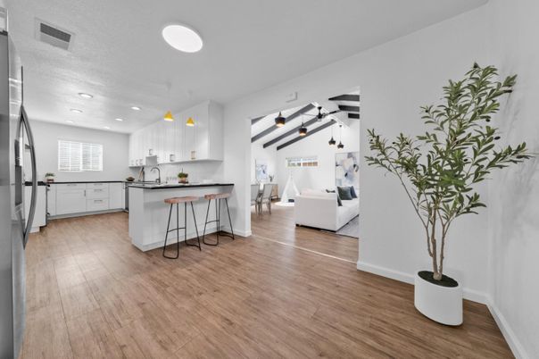 Interior, Kitchen, Pendant Lights, Recessed Lighting, Wooden Beams, Wood Texture Flooring
