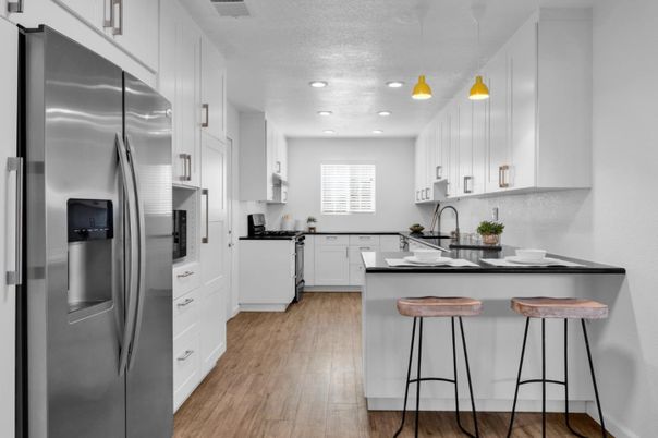 Interior, Kitchen, Pendant Lights, Recessed Lighting, Stainless Steel Appliances, Wood Texture Flooring