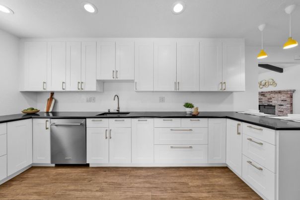 Interior, Kitchen, Pendant Lights, Recessed Lighting, Wood Texture Flooring
