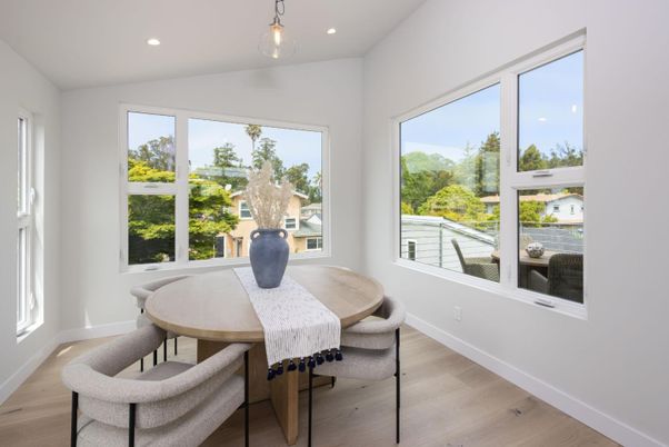 Dining room, Interior, Pendant Lights, Recessed Lighting, Wood Texture Flooring