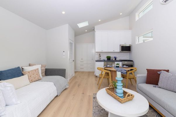 Interior, Kitchen, Living room, Recessed Lighting, Stainless Steel Appliances, Wood Texture Flooring