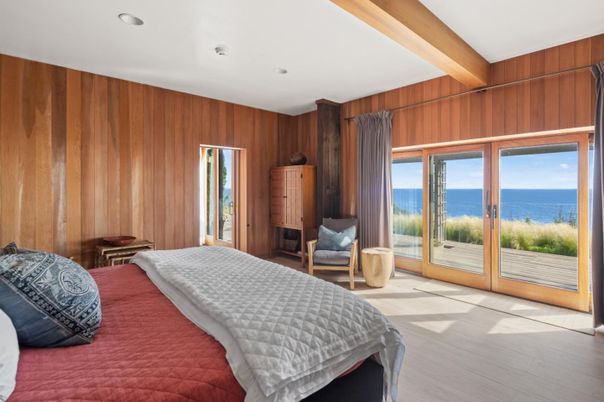 Bedroom, Interior, Recessed Lighting, Water, Wooden Beams, Wood Texture Flooring, Wooden Walls
