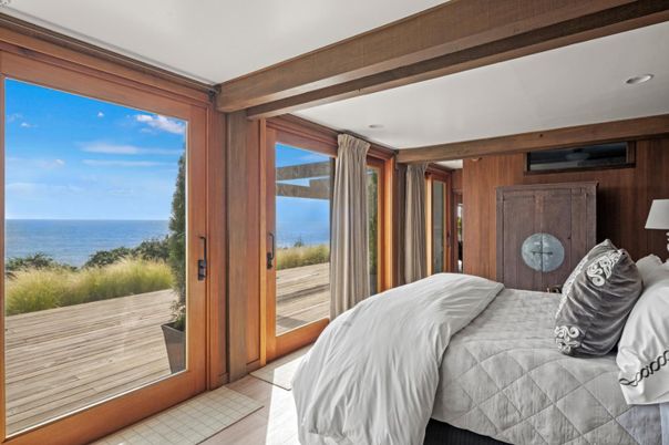 Bedroom, Interior, Recessed Lighting, Water, Wood Texture Flooring, Wooden Walls