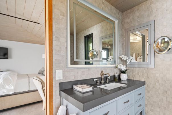 Bathroom, Dual Sink Vanities, Interior, Stone Walls, Wooden Ceilings