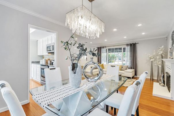 Chandelier, Dining room, Fireplace, Interior, Kitchen, Living room, Recessed Lighting, Wood Texture Flooring