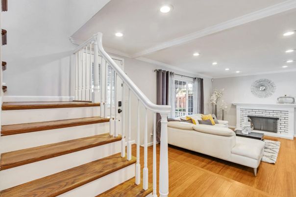 Fireplace, Interior, Living room, Recessed Lighting, Wood Texture Flooring