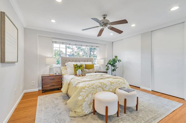 Bedroom, Interior, Recessed Lighting, Wood Texture Flooring