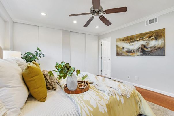 Bedroom, Interior, Recessed Lighting, Wood Texture Flooring