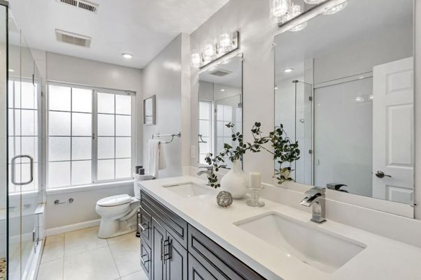 Bathroom, Dual Sink Vanities, Glass Shower, Interior, Recessed Lighting