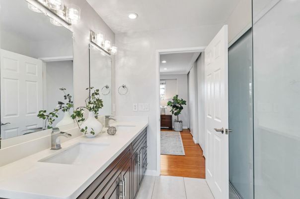Bathroom, Dual Sink Vanities, Interior, Recessed Lighting, Wood Texture Flooring