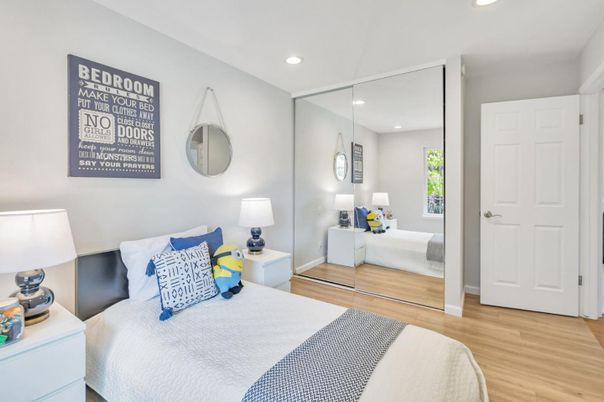 Bedroom, Interior, Recessed Lighting, Wood Texture Flooring